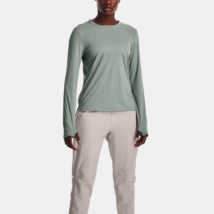 Under Armour Solid Color Crew Neck Pullover Training Long Sleeve T-Shirt Women Tops Slate-Green 1374535-781