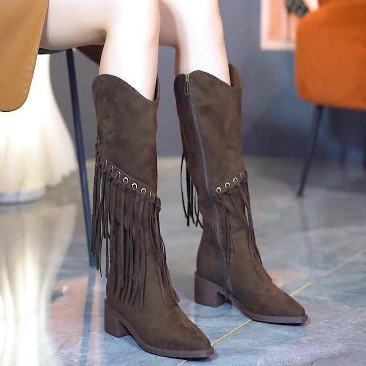

Europe and America 2025 new 2025 suede long tube fashion women s boots side zipper thick heel fringed women s boots wish 35