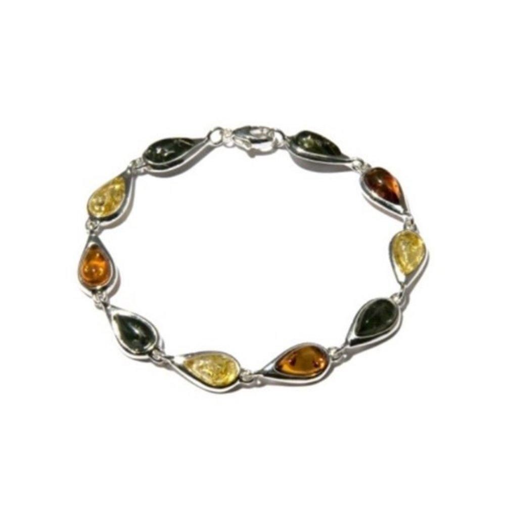 

A teardrop link bracelet (19cm) combining multi-colored amber and sterling silver.