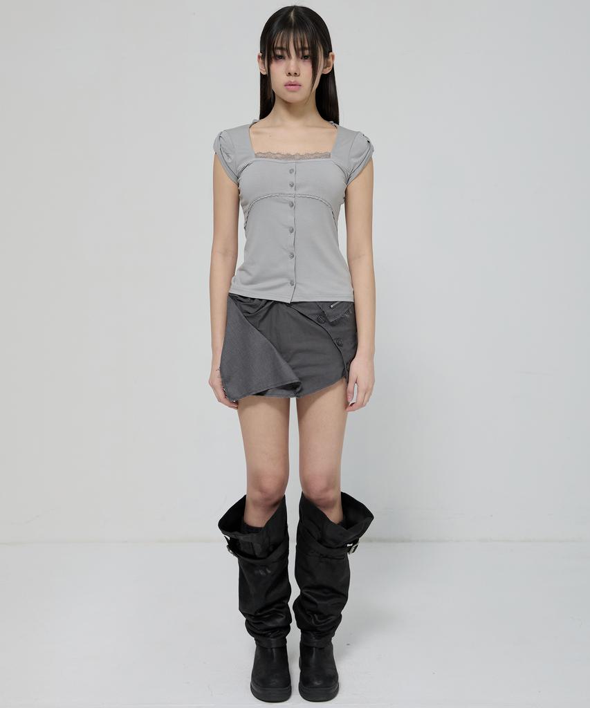 Peulleeoeob Lace Sleeve Top (Fl-112_Gray)
