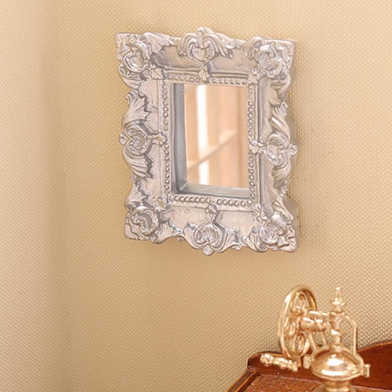 Antique Doll House Mirror Model Figure PVC Miniature Furniture For Children Pretend Play Classical Home Scene Decors