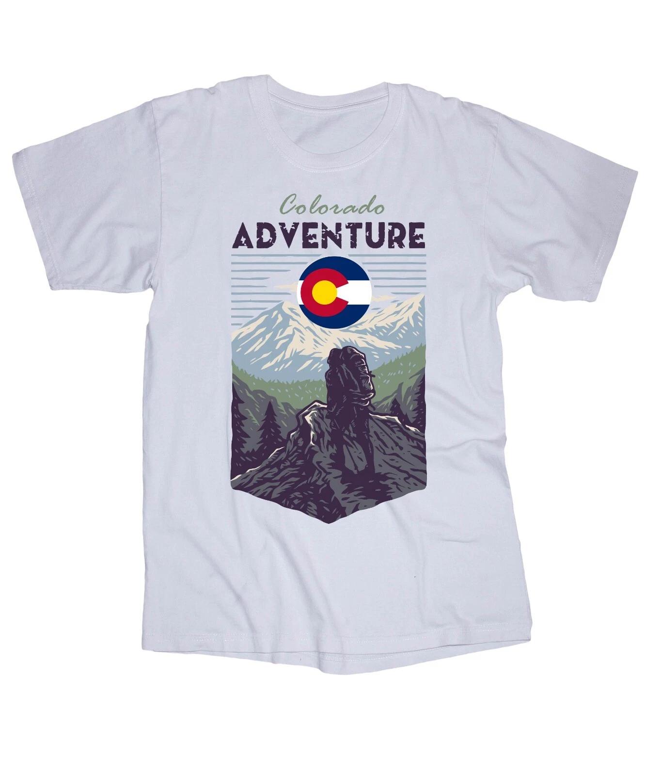 

Colorado Adventure Mountain Hiking Flag Camping graphic white T-shirt L
