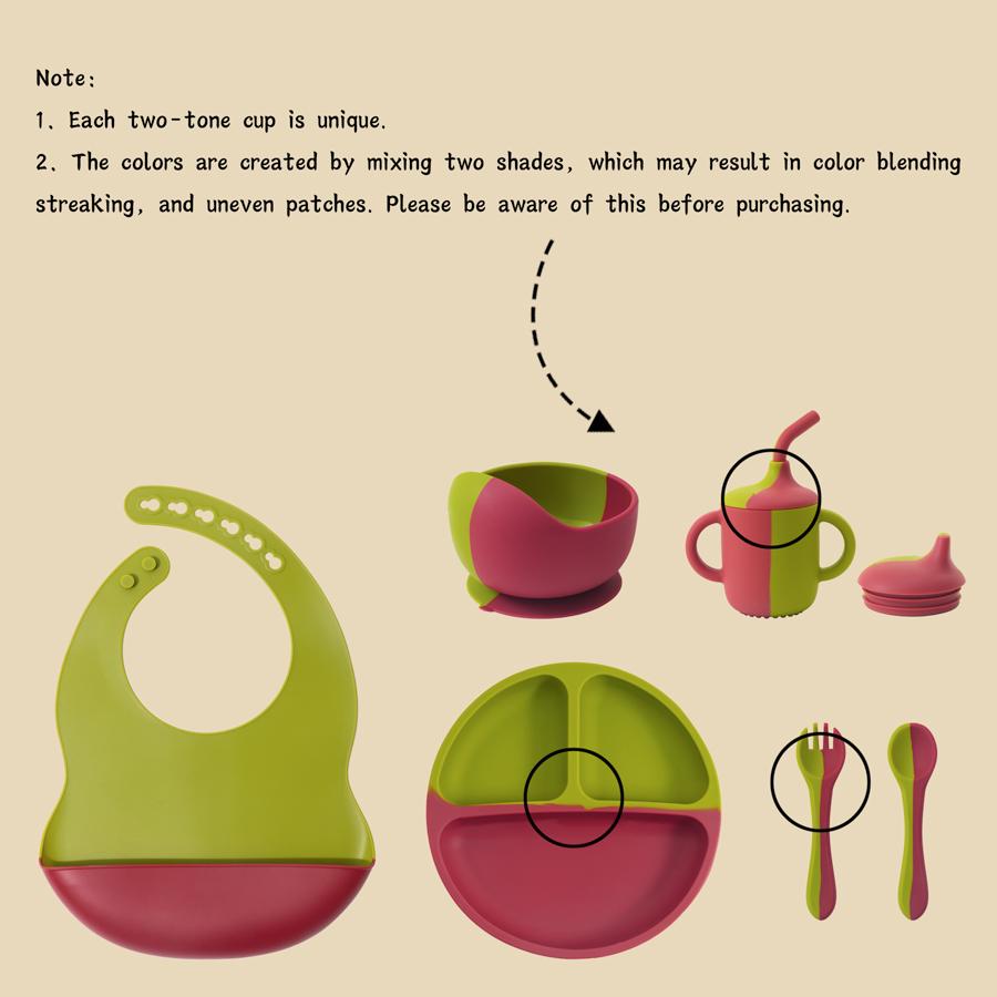 Color Kids 6PCS Silicone Baby Feeding Set Sucker Bowl Dinning Plate Straw Cup Spoon Fork Toddler Dishes Bib Children's Tableware