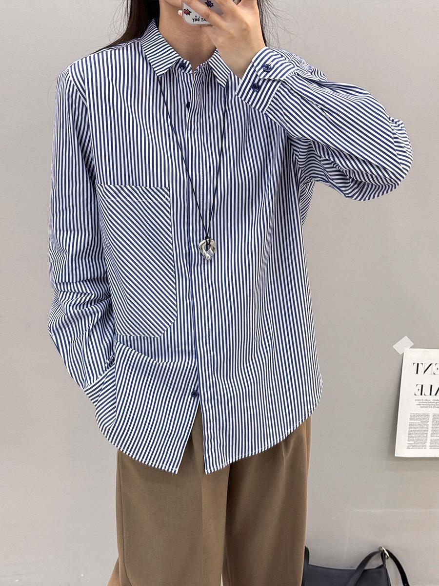 

PLUS Sucheng Women s Blue Striped Cotton Shirt, 60-Count, Autumn Long-Sleeve, Turn-Down Collar, Versatile Commuter Top S (90-105 lbs)