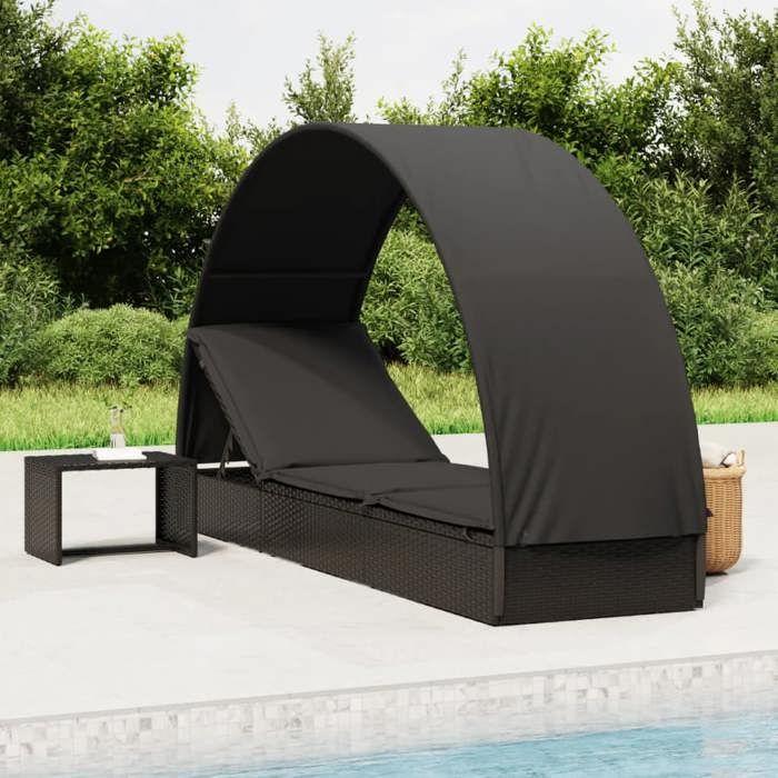 VidaXL Chaise longue avec toit rond noir 211x57x140 cm résine tressée, chaise longue, chaise longue d'extérieur, lit de 319644