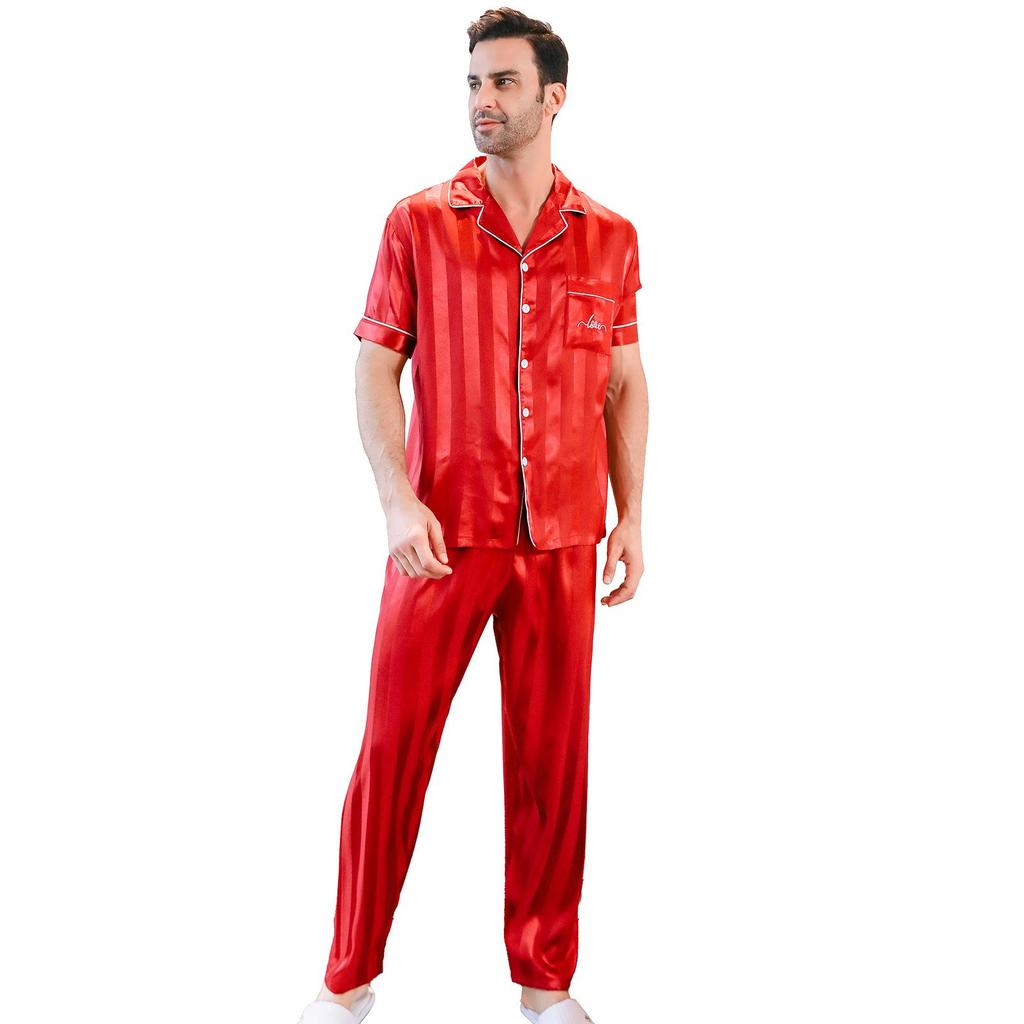 Conjunto de Pijama de Seda de Manga Corta para Hombre en Rojo