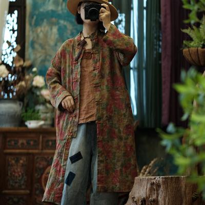 Women Vintage Mid-length Shirts Tops Stand Long Sleeve Button Print Floral Blouses Spring Shirts