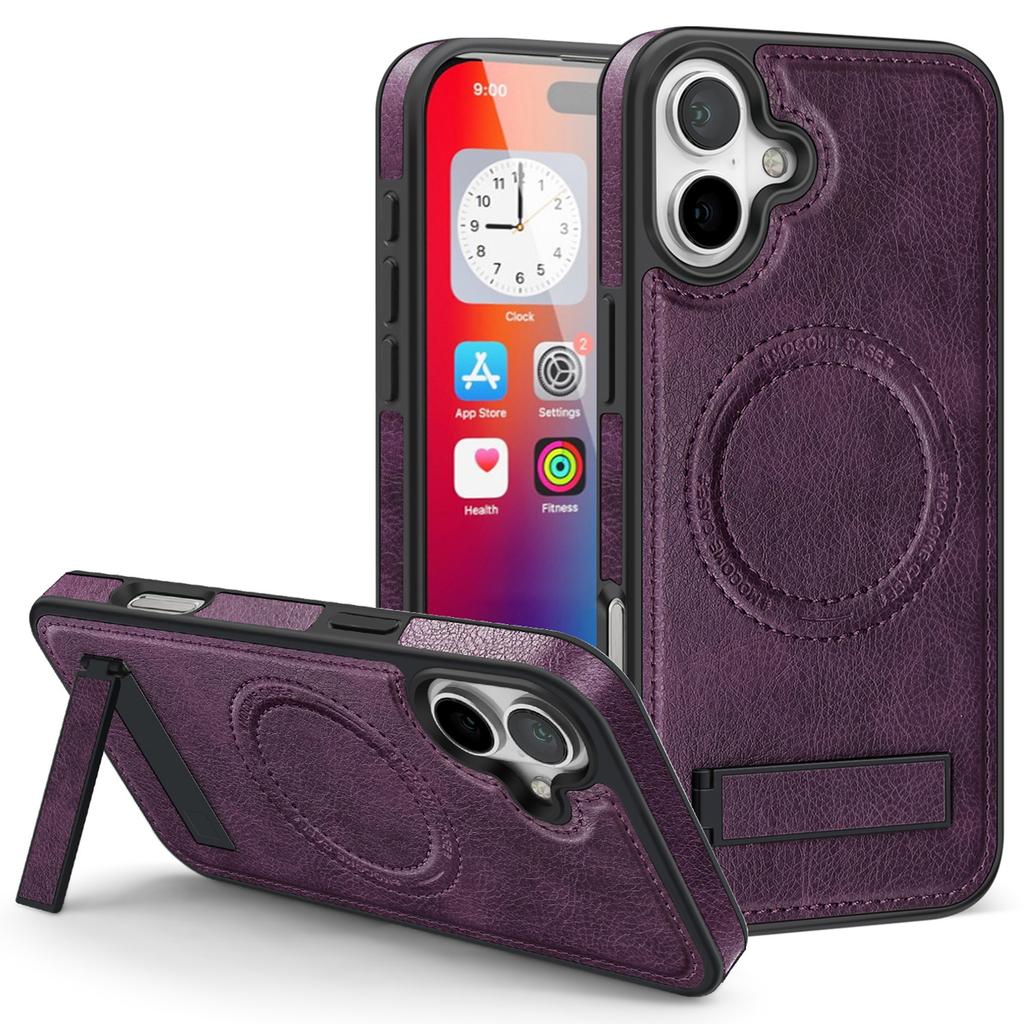 For iPhone 16 Plus Case Compatible with MagSafe with Folded Kickstand PC Silicone Leather Phone Back Cover