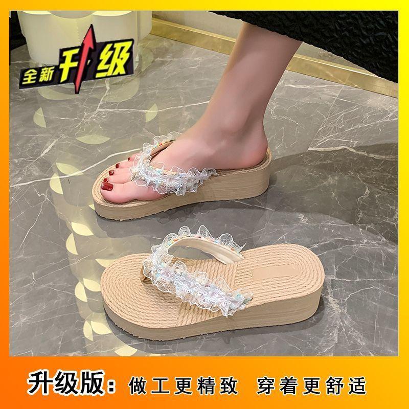 High fashion fairy sweet slippers travel beach sandals slope with flip-flops girl 2025 summer new