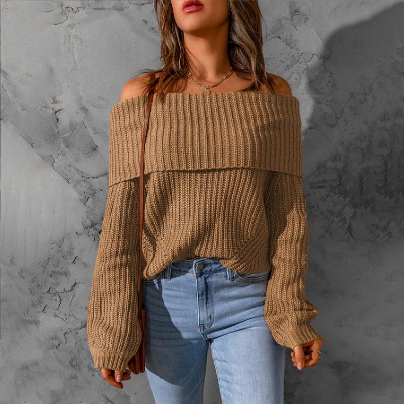 Pull pour femme coupe ample épaules dénudées couleur unie manches longues