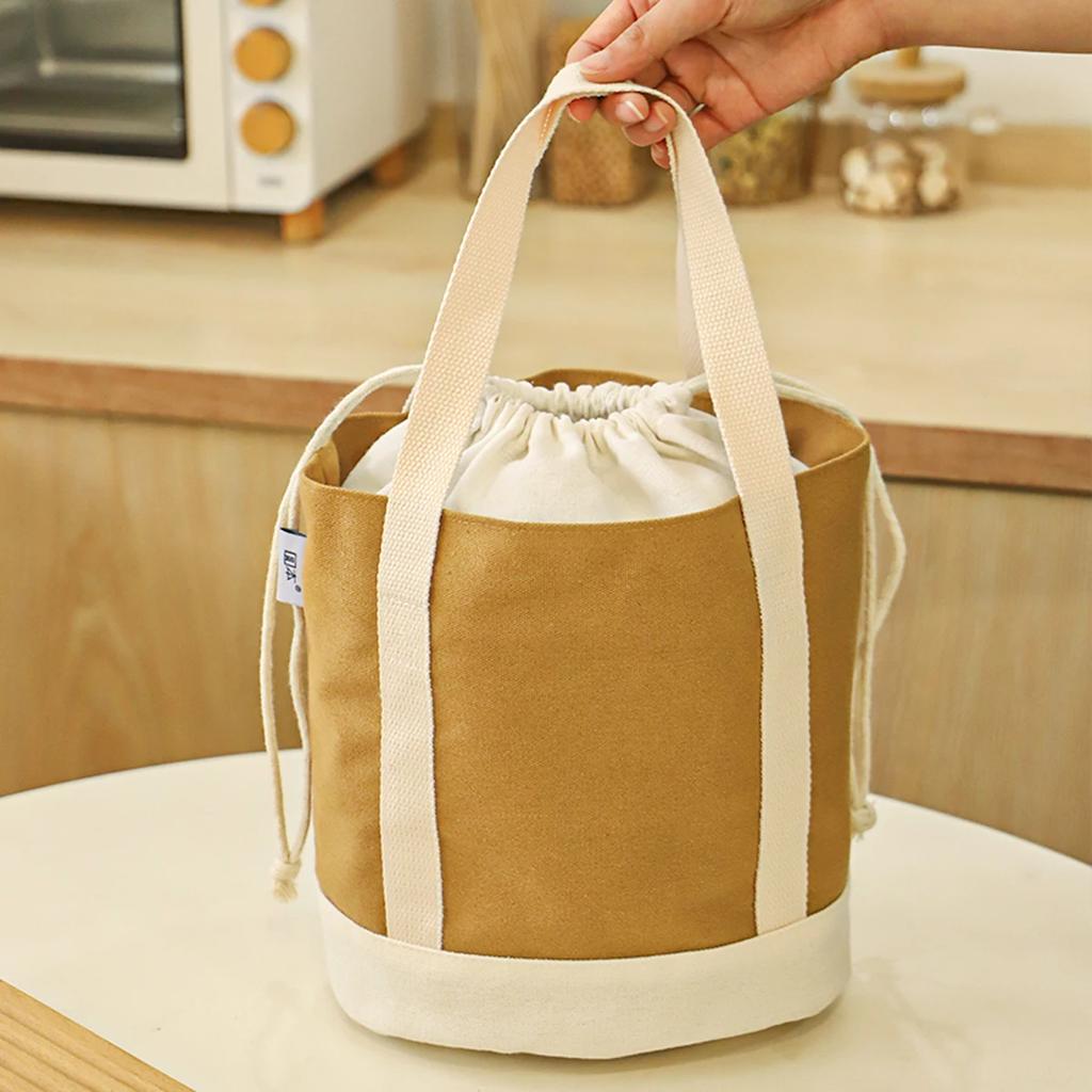 Simple large capacity women's handbag canvas insulated hand-held lunch bag drawstring student insulated lunch bag