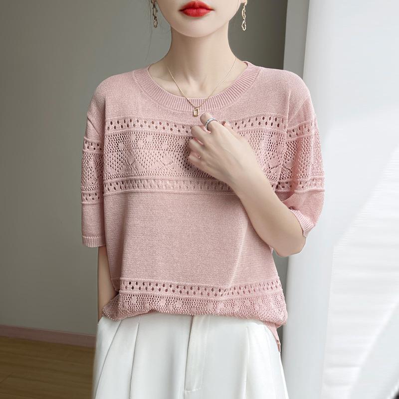 

Summer New Ice Silk Linen Hollow Knitted Short-sleeved Women s Round Neck Solid Color T Temperament Versatile Loose Thin Blouse M