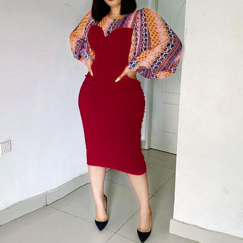 Women's ebay temperament commuter print splicing hip-wrapped professional split dress