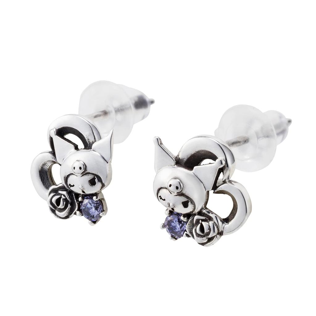 White Clover Kuromi Silver 925 with Cubic Smoked Heart and Flower Sanrio Earrings, Zirconia, Design, Characters, SAKU-P005