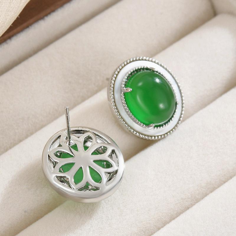 New Chinese Natural Shell Green Jadeite Stud Earrings Oval Stud Earrings S925 Silver Needle White Fritillary Edged Premium Earrings