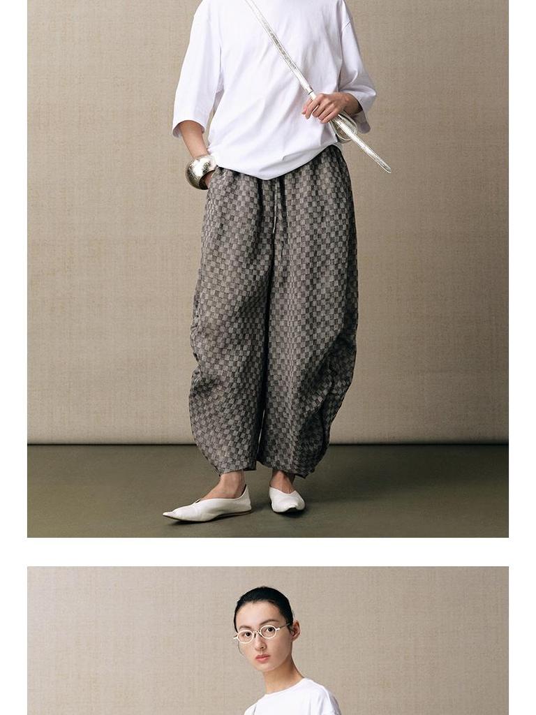Retro Linen Plaid Pleated Casual Pants