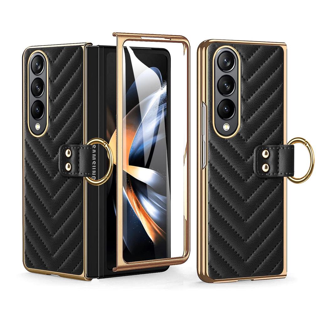 Samsung Z Fold7/6/5 PU Leather Flip Case with Plated Diamond Grid Ring Stand