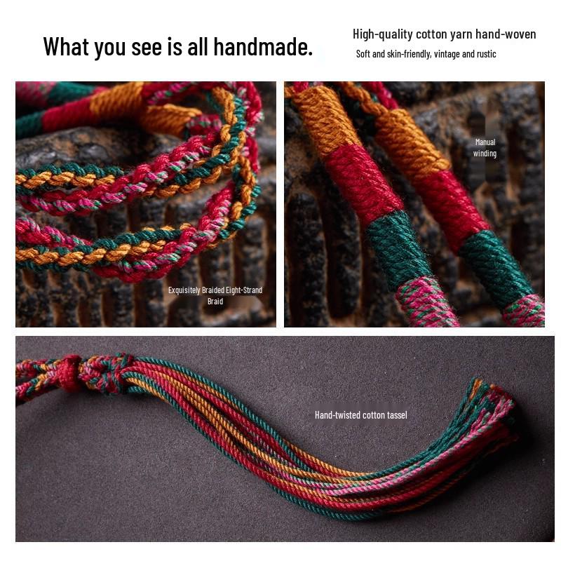 Tibetan Handmade Woven Rope Necklace with Five-Color Amulet and Thangka Pendant