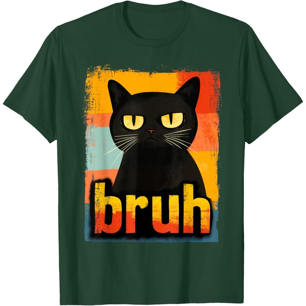 Bruh Grumpy Black Cat Meme Graphic TShirt Funny Retro Style Tee for Unisex Women