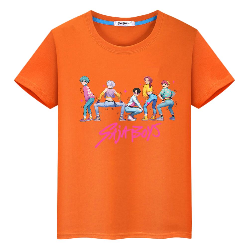 

Saja Boys Принт 100%Бавовна футболка для дітей хлопчик 10років Kawaii Футболки kpop мисливці на демонів Милі Топи аніме Короткий y2k одяг для дівчаток 150 помаранчевий