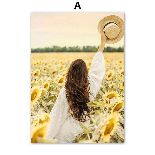 Field Girl Sunflower Tree Poster Flower Butterfly Print Canvas Painting Landscape Wall Art Pictures for Living Room Home Decor