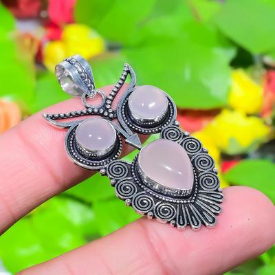 Natural Owl- Rose Quartz Gemstone 925 Sterling Silver Gift Pendant 1.97" i1J03