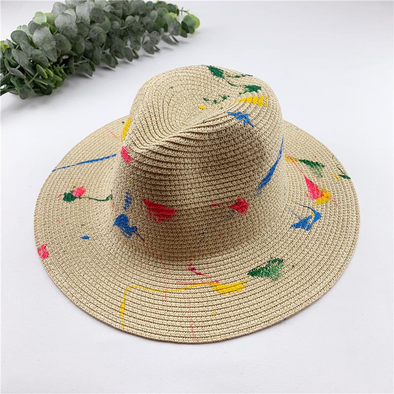 Handmade Graffiti Design Straw Hat Women'S Summer Fresh Grass Weaving Sun Shade And Sunscreen Hat Panama Jazz Sun Hat