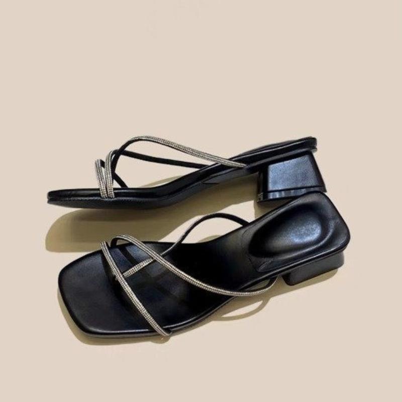 Fashion Block Heel Rhinestone Toe Slippers for Women Square Toe Thin Strap Anti-Slip Wear-Resistant Square Heel Sandals and Slippers