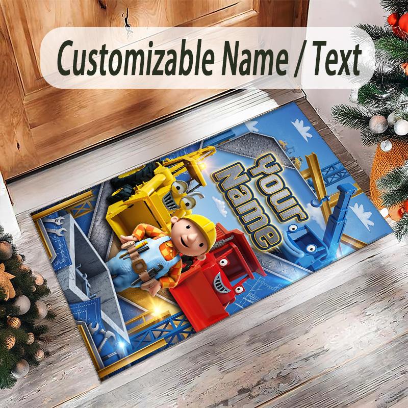 Personalized Crystal Velvet Carpet Custom Name Text,Bob the Builder Anti Slip Area Rug For Home Decoration