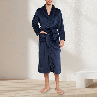 Men Winter Nightgown Thick Flannel Warm Tight Waist with Lace Up Belt Solid Color Lapel Pockets Great Water Absorption Mid Length Spa Hotel Bathrobe