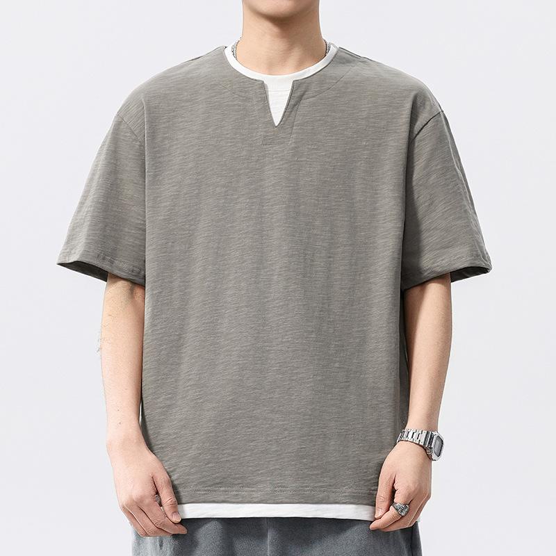 

Хлопковая трикотажная футболка с бамбуковым узором, имитация двух предметов, из чистого хлопка, повседневная, с коротким рукавом, мужская, с круглым вырезом, с коротким рукавом 4XL