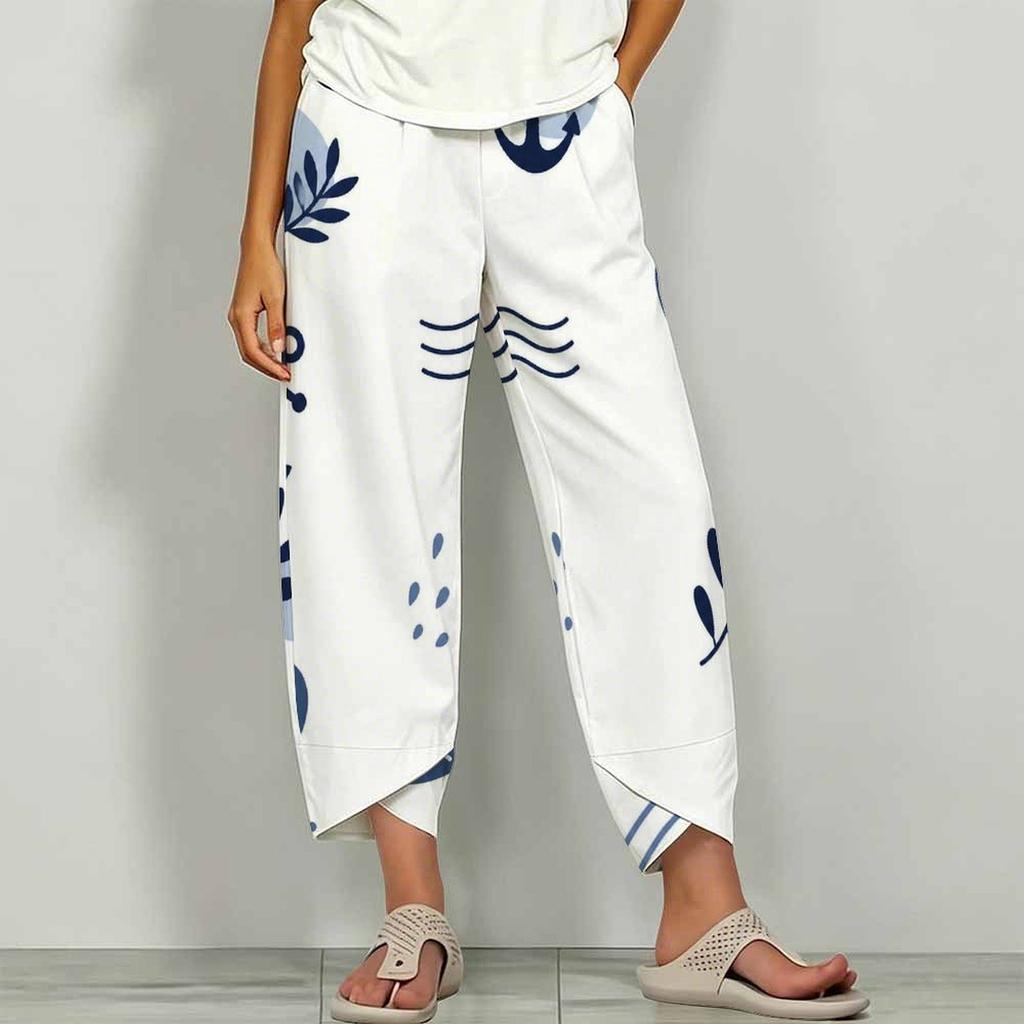 Women Plus Size Loose Nautical Print Cropped Pants Blue Beige Cross Hem With Pockets