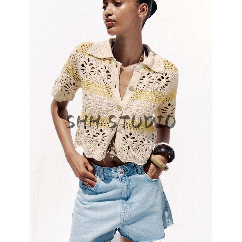 Summer New Product Women's Clothes Vacation Style Decorated Row Button Jacquard Mesh Lapel Sleeveless Knitting Tops 6236021