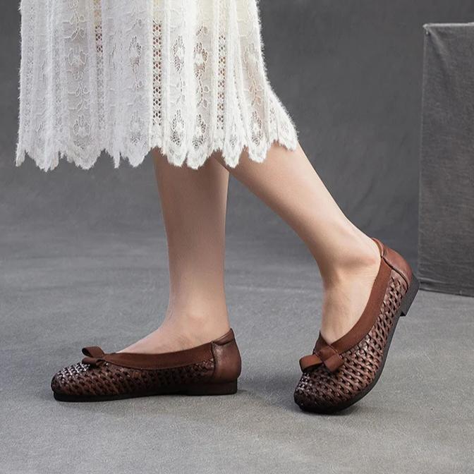 Johnature Flache Vielseitige Ausgehöhlte Atmungsaktive Sandalen Echtes Leder Bequeme Damen Slipper