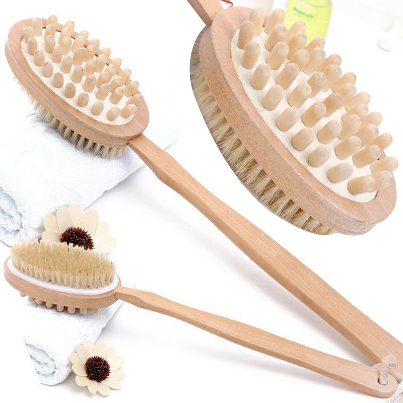 Bathroom Body Brushes Long Handle Bath Natural Bristles Brushes Exfoliating Massager With Wooden Handle Dry Brushing Shower Tool