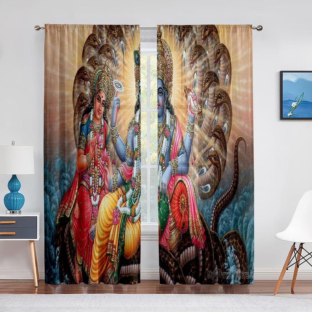 Lord Vishnu On Cloud Tulle Curtains Indian Hindu God Goddess Window Sheer Voile Curtain for Living Room Bedroom Kitchen Decor