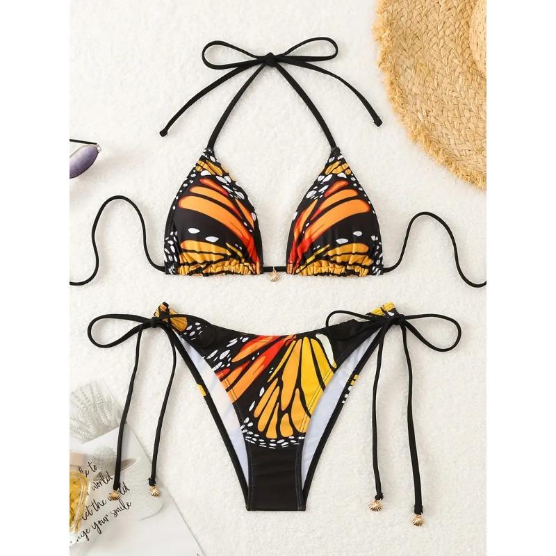Women's Monarch Butterfly Print Triangle Bikini Set Tie Side Swimwear