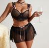 New Fashion Neck Sling Black Perspective Bra Lace Splicing Sexy Underwear Skirt Set