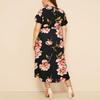 Women's Plus Size Printed Midi Dress - Round Neck, Short Sleeve, Waist-Cinched, European American Style