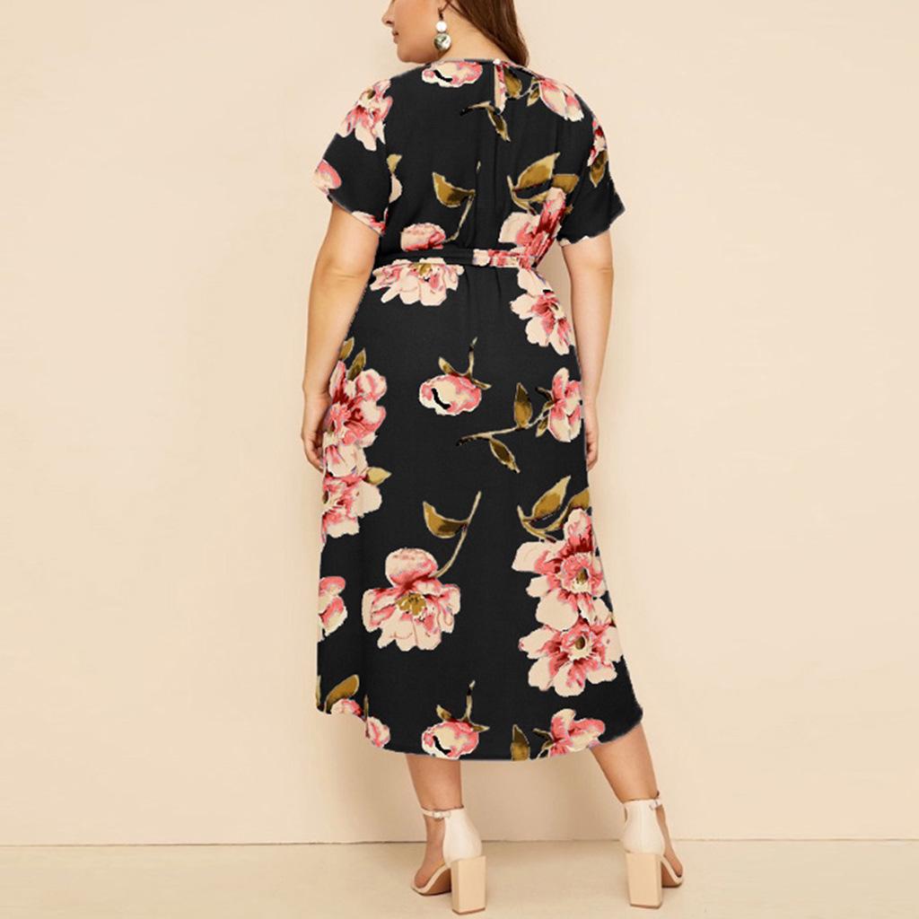 Women's Plus Size Printed Midi Dress - Round Neck, Short Sleeve, Waist-Cinched, European American Style