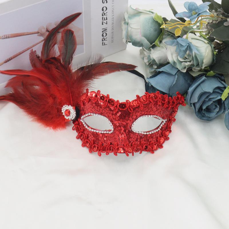 Feathers Sequins Half-Face Mask Masquerade  Removable Feather Decor Venetian Mask Halloween Cosplay Party Costume Accessory
