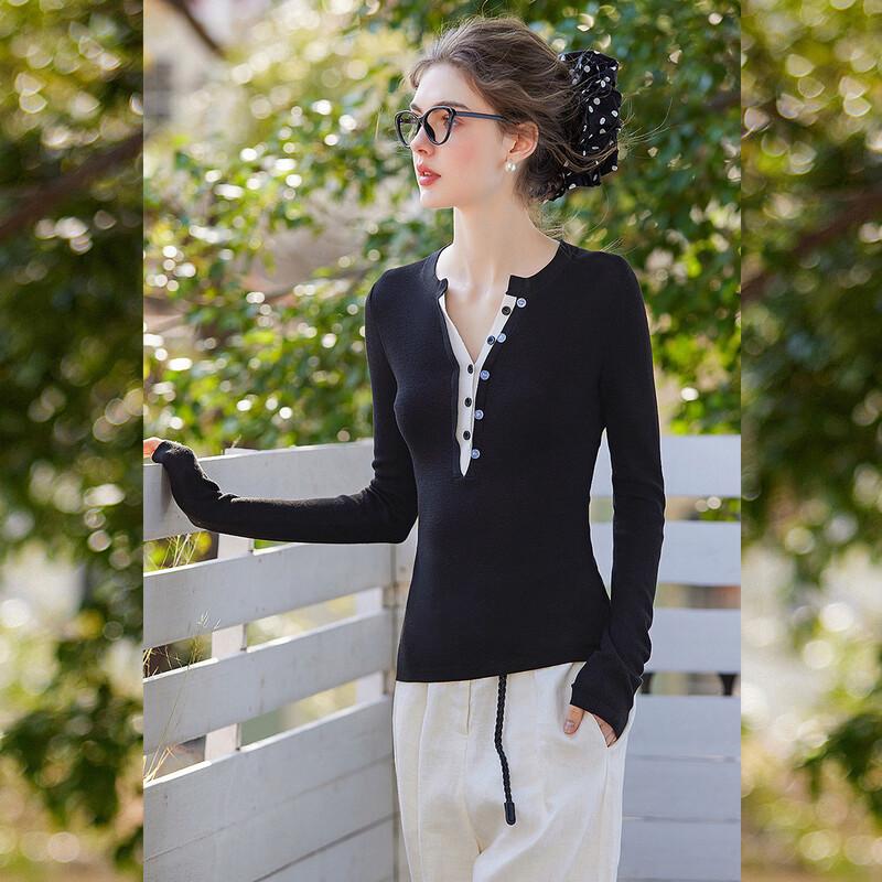 Bailuyu Women s V-Neck Faux Two-Piece Long Sleeve Knit Sweater S