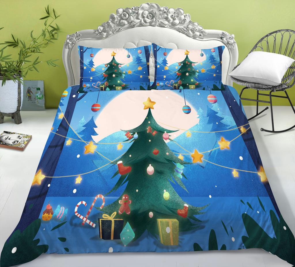 Christmas Quilt Cover Pillowcase Three-Piece Children'S Holiday Gift Cartoon Digital Printing Polyester