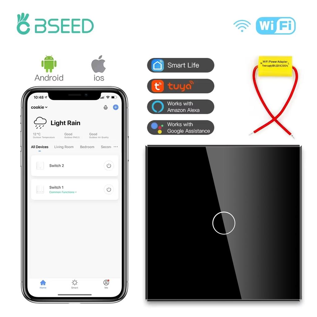 BSEED 1/2/3Gang Wifi Touch Light Switches Tuya Smart Life Alexa App With EU Sockets Power USB Ports Capacitor Included Black