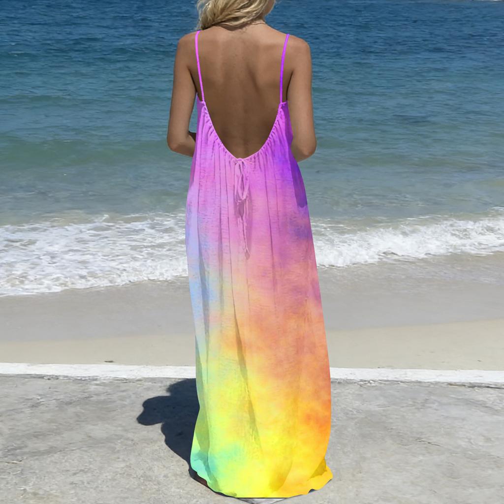 Dámské Módní Ležérní Volné Šaty s Květinovým Potiskem a Úzkými Ramínky Bez Zad