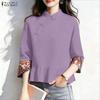 ZANZEA Damen Lässige Stehkragen Patchwork 3/4 Ärmel Retro Bluse