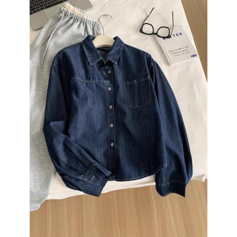 Korean Retro Tencel Cotton Pocket Denim Shirt Women's 1116 Spring Small Lapel Shirt Cardigan Jacket