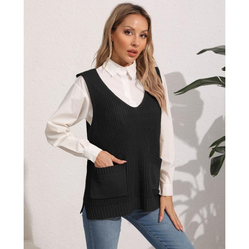 Women's Autumn and Winter Double Pocket Patchwork V-Neck Casual Sweater Vest