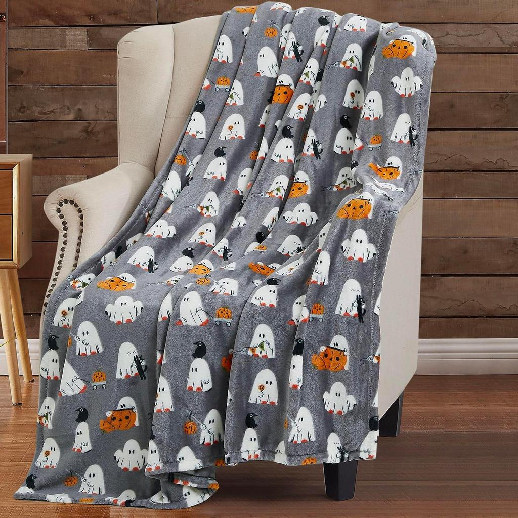 Halloween Flannel Blanket - Soft, Warm, Spider Webs, Witch Hats, Bats Design