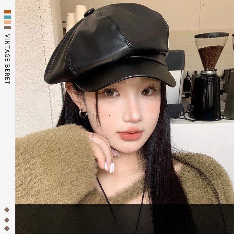 Winter Korean Style Student Cute Versatile Pu British Style Octagonal Hat Pumpkin Hat Korean Leather Beret Women